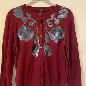 J. Crew Burgundy Cardigan with Floral Accents